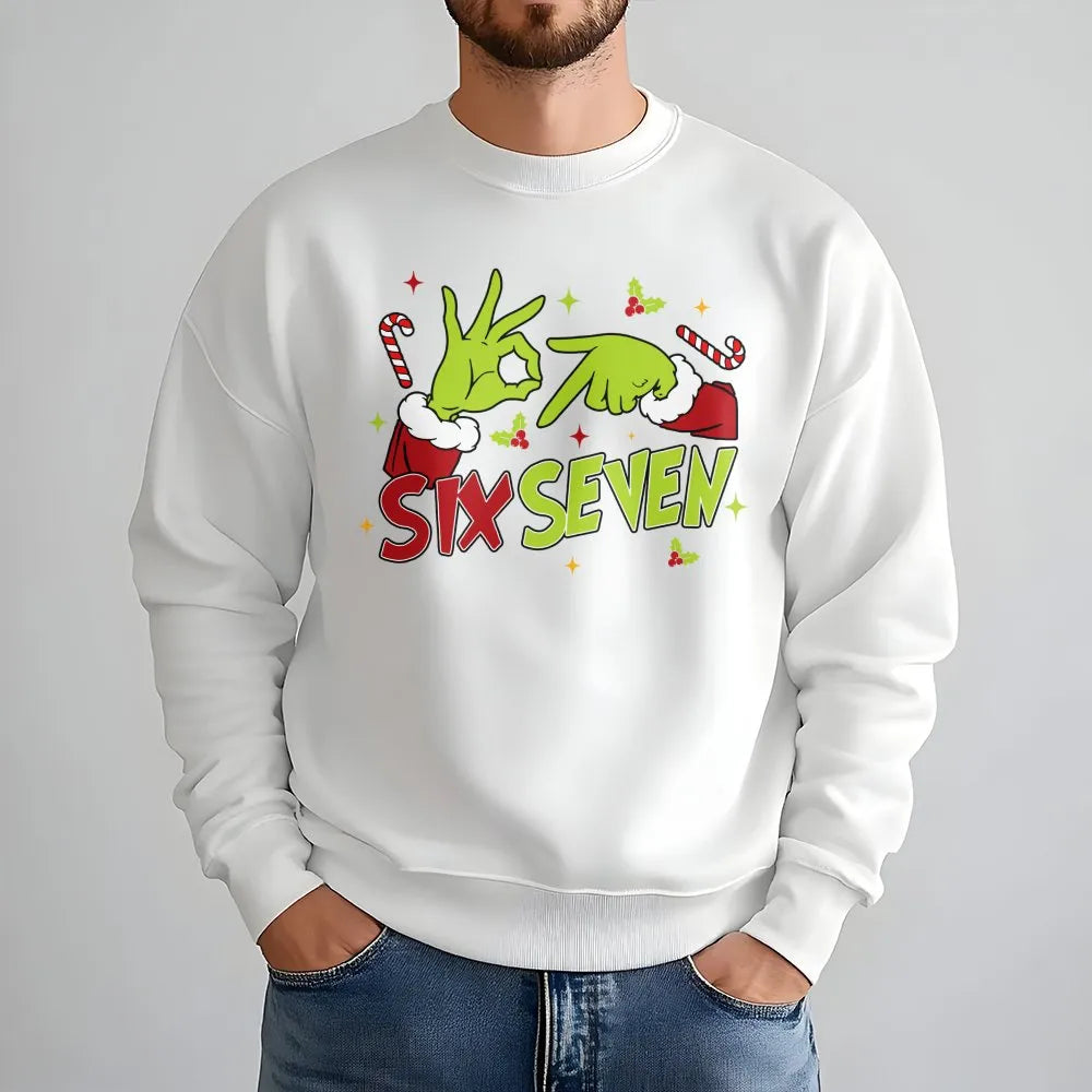 Humorous Green Hand Sign Sweatshirt, Six Seven Christmas Sweatshirt, Meme Holiday Crewneck, Gen Z Xmas Graphic Sweatshirt, Vi