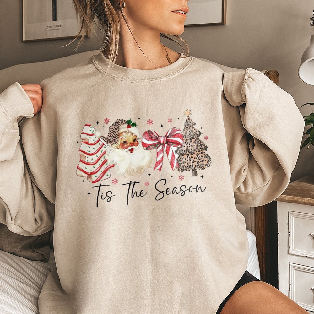 Leopard Print Christmas Tree Crewneck, Tis the Season Retro Santa Sweatshirt, Preppy Western Holiday Sweater, Adorable Xmas P