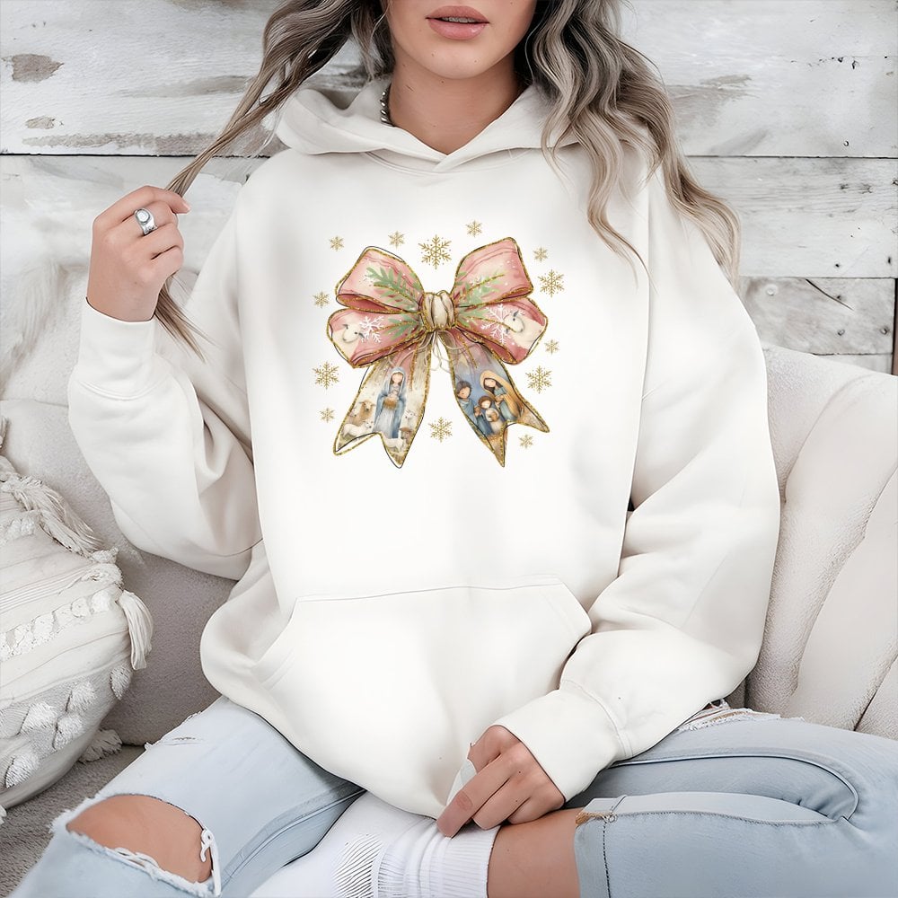 Coquette Bow Christian Holiday Sweatshirt, Nativity Scene Christmas Hoodie, Faith Nativity Hooded Pullover, Jesus Xmas Presen