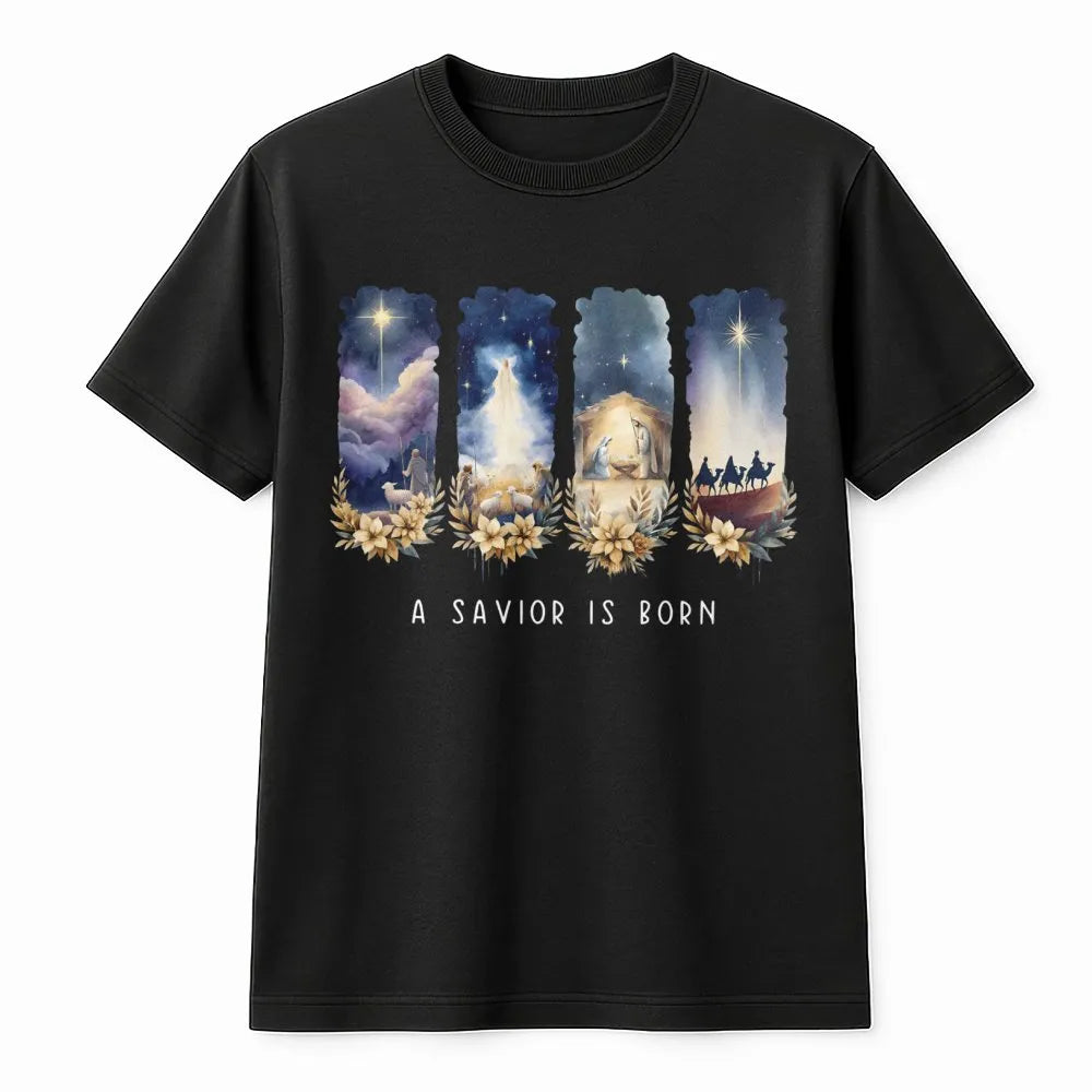Watercolor Nativity Christmas Shirt, A Savior Is Born T-Shirt, Christian Holiday Graphic Tee, Religious Xmas T-Shirt, Faith P