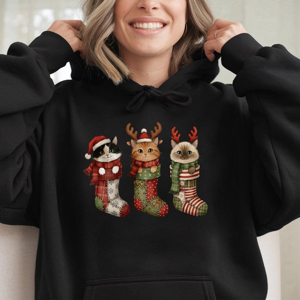 Adorable Kittens in Stockings Hooded Sweatshirt, Christmas Cat Hoodie, Holiday Cat Lover Pullover, Festive Winter Sweatshirt,