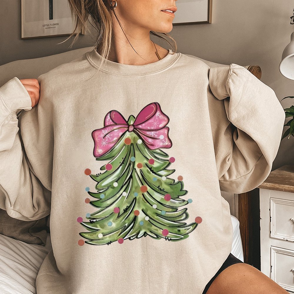 Adorable Christmas Tree Crewneck, Pink Bow Christmas Tree Sweatshirt, Retro Holiday Tree Sweater, Coquette Christmas Sweatshi