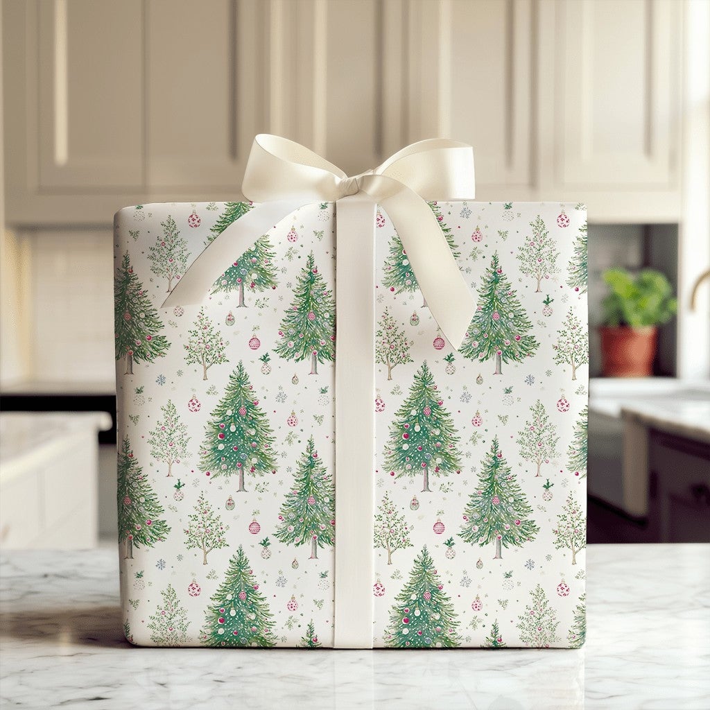 Festive Bauble Holiday Gift Wrap, Watercolor Christmas Trees Wrapping Paper, Snowflake Christmas Wrapping Paper, Winter Gift 