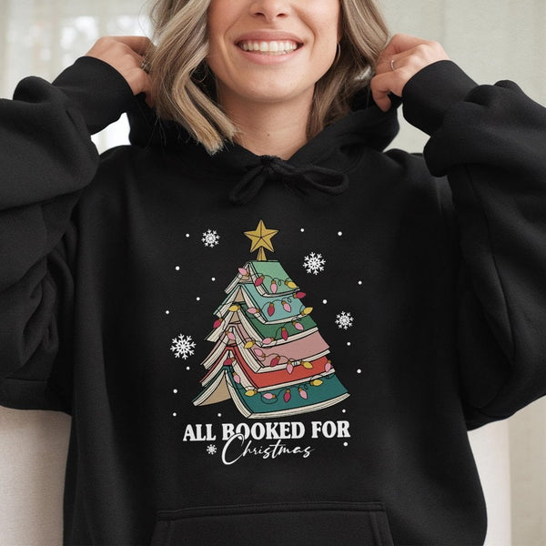 Book Tree Holiday Pullover, All Booked for Christmas Hoodie, Comfy Book Lover Hooded Sweatshirt, Bookish Xmas Graphic Hoodie,