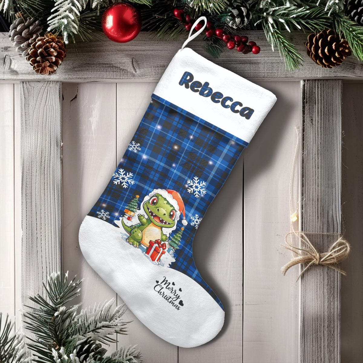 Blue Plaid Dino Holiday Stocking, Personalized Dinosaur Christmas Stocking, Custom Name Kids Stocking, Boy Family Christmas S