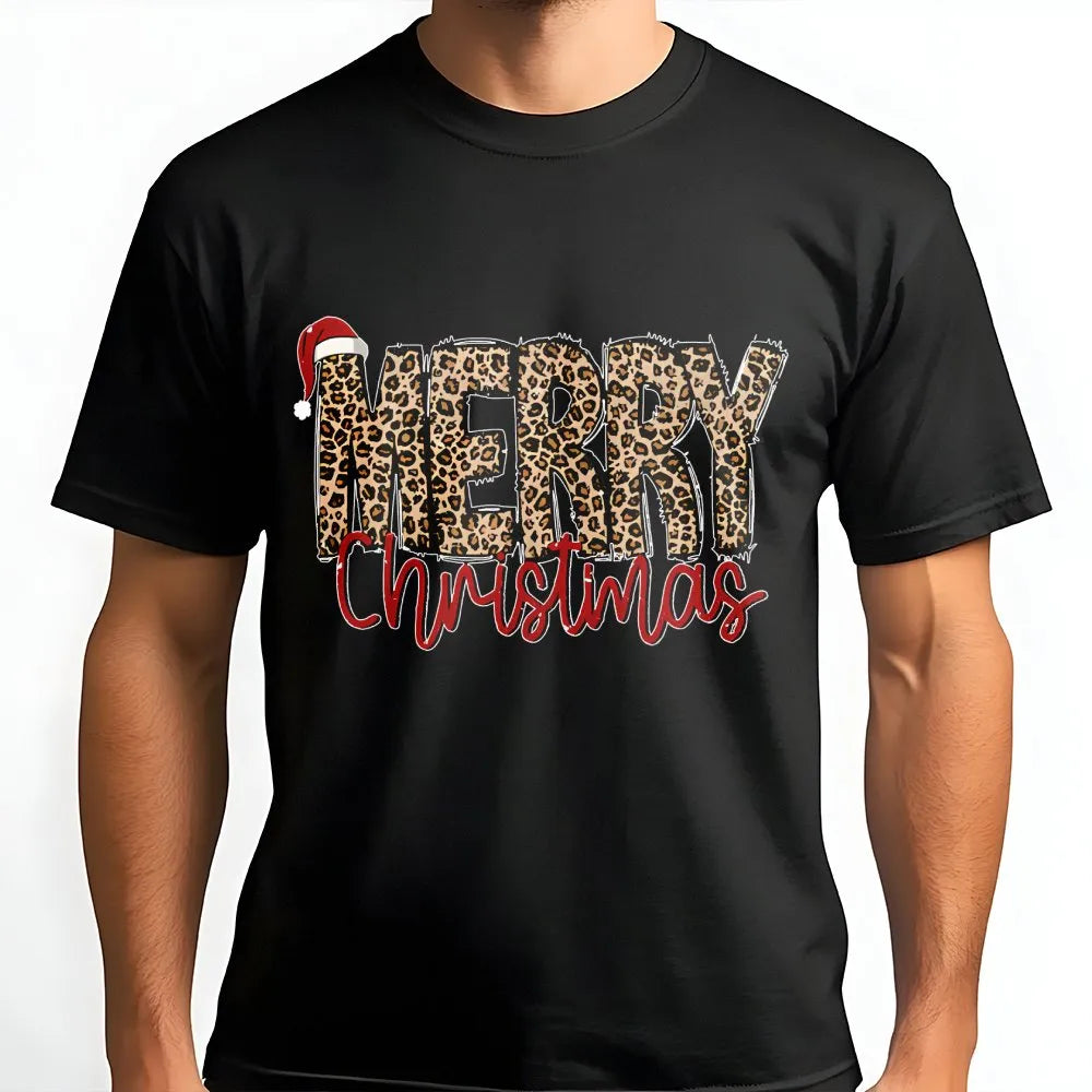 Leopard Print Santa Hat Shirt, Merry Christmas T-Shirt, Adorable Festive Holiday Graphic Tee, Womens Xmas Outfit, Trendy Holi