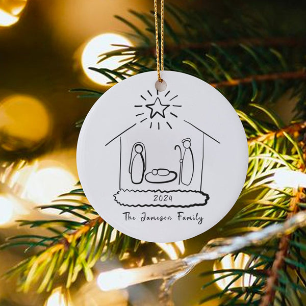 Minimalist Doodle Nativity Ornament, Personalized Nativity Christmas Ornament, Ceramic Holiday Ornament, Christian Family Kee