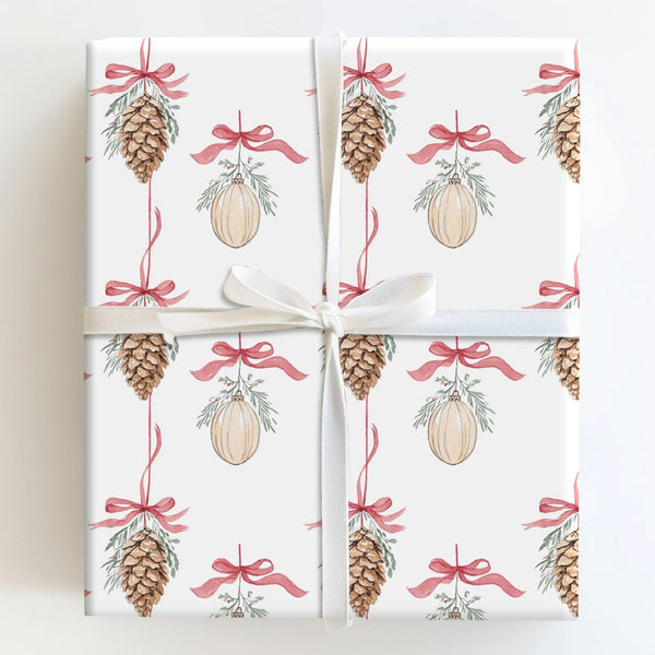 Watercolor Ornament Holiday Gift Wrap, Pinecone Christmas Wrapping Paper, Rustic Winter Wrapping Paper, Festive Xmas Gift Wra