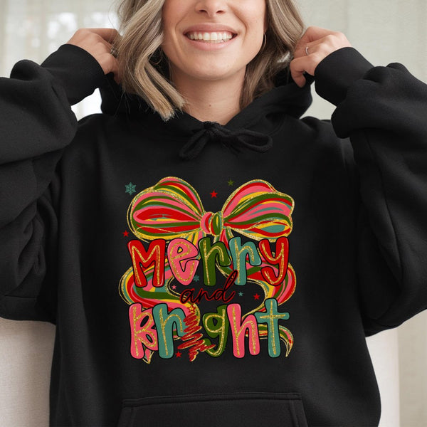 Christmas Bow Graphic Hoodie, Coquette Bow Merry and Bright Hoodie, Girly Pink Winter Aesthetic Sweatshirt, Trendy Holiday Pu