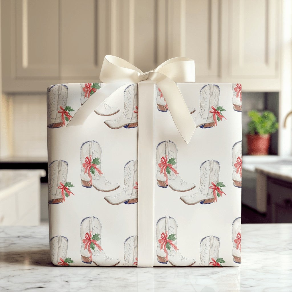 Western Holiday Gift Wrap, Cowboy Boot Christmas Wrapping Paper, Watercolor Cowgirl Boots Wrapping Paper, Rustic Country Xmas