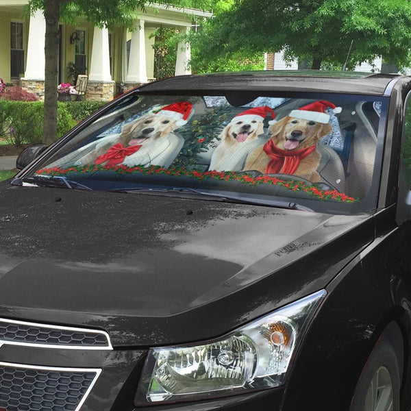 Santa Hat Dog Car Sunshade, Golden Retriever Christmas Car Sunshade, Reflective Windshield Sunshade, Dog Lover Auto Sun Shade