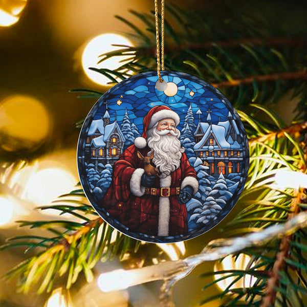 Snowy Village Christmas Ornament, Stained Glass Santa Ornament, Ceramic Santa Claus Decor, Winter Holiday Ornament, Family Ke