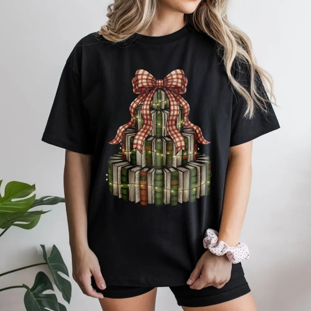 Festive Librarian Reading Graphic Tee, Christmas Book Tree T-Shirt, Book Lover Holiday Shirt, Adorable Reader Teacher Christm
