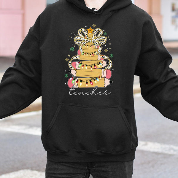 Pencil Tree Coquette Bow Hoodie, Teacher Christmas Hoodie, Adorable Educator Holiday Hoodie, Winter School Graphic Sweatshirt