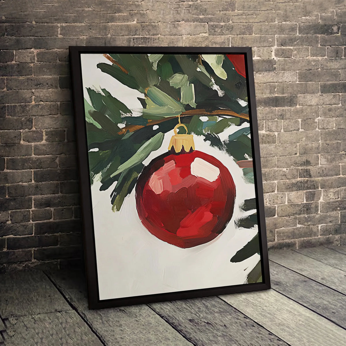 Red Bauble Pine Branch Canvas Print, Christmas Ornament Wall Art, Rustic Holiday Oil Painting Style Wall Art, Winter Festive 