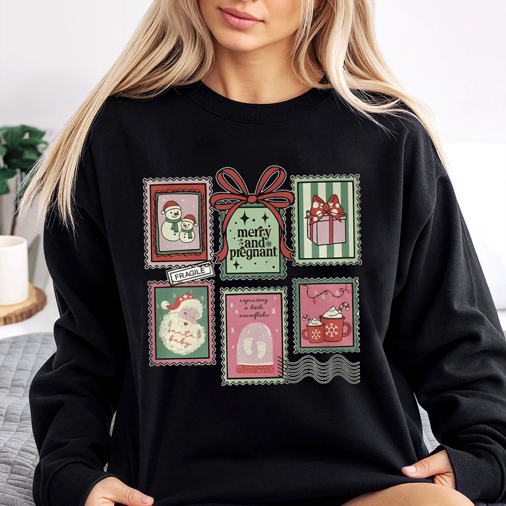 Adorable Postage Stamp Holiday Sweatshirt, Merry and Pregnant Christmas Sweatshirt, Baby Announcement Sweatshirt, Expecting M