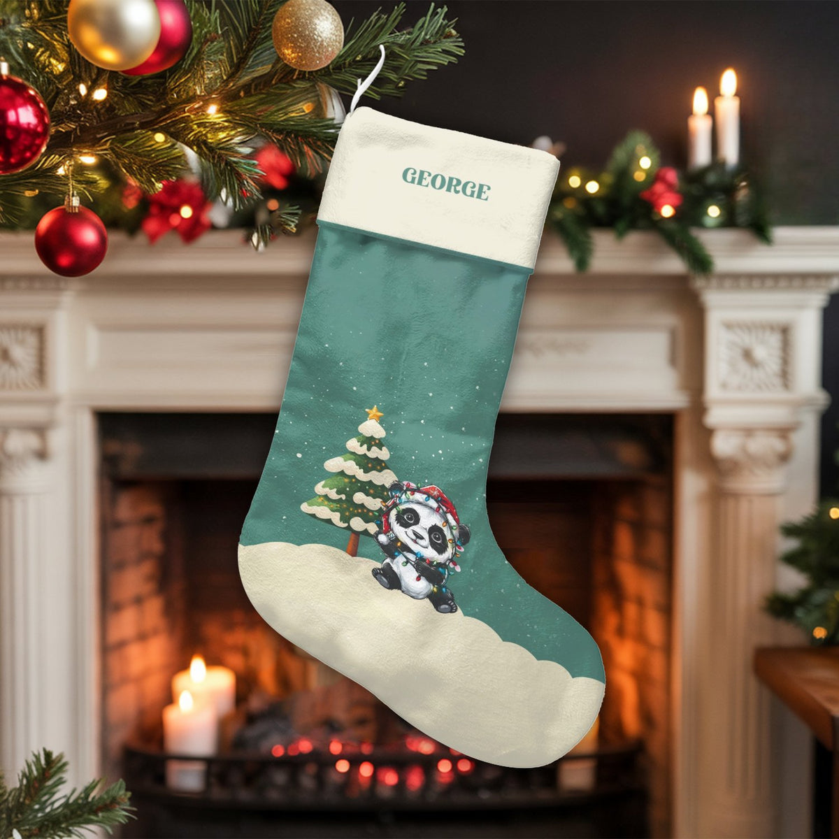 Personalized Panda Stocking, Panda with Christmas Lights Stocking, Adorable Animal Holiday Stocking, Custom Christmas Stockin