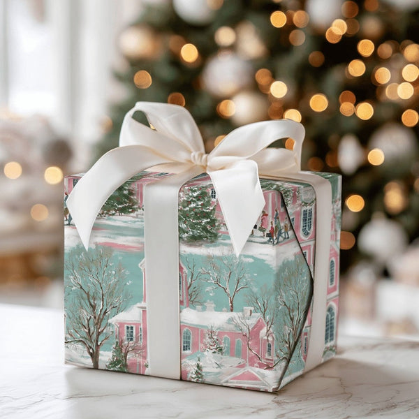 Winter Village Holiday Gift Wrap, Pink Church Christmas Wrapping Paper, Snowy Scenery Christmas Wrapping Paper, Pastel Xmas G