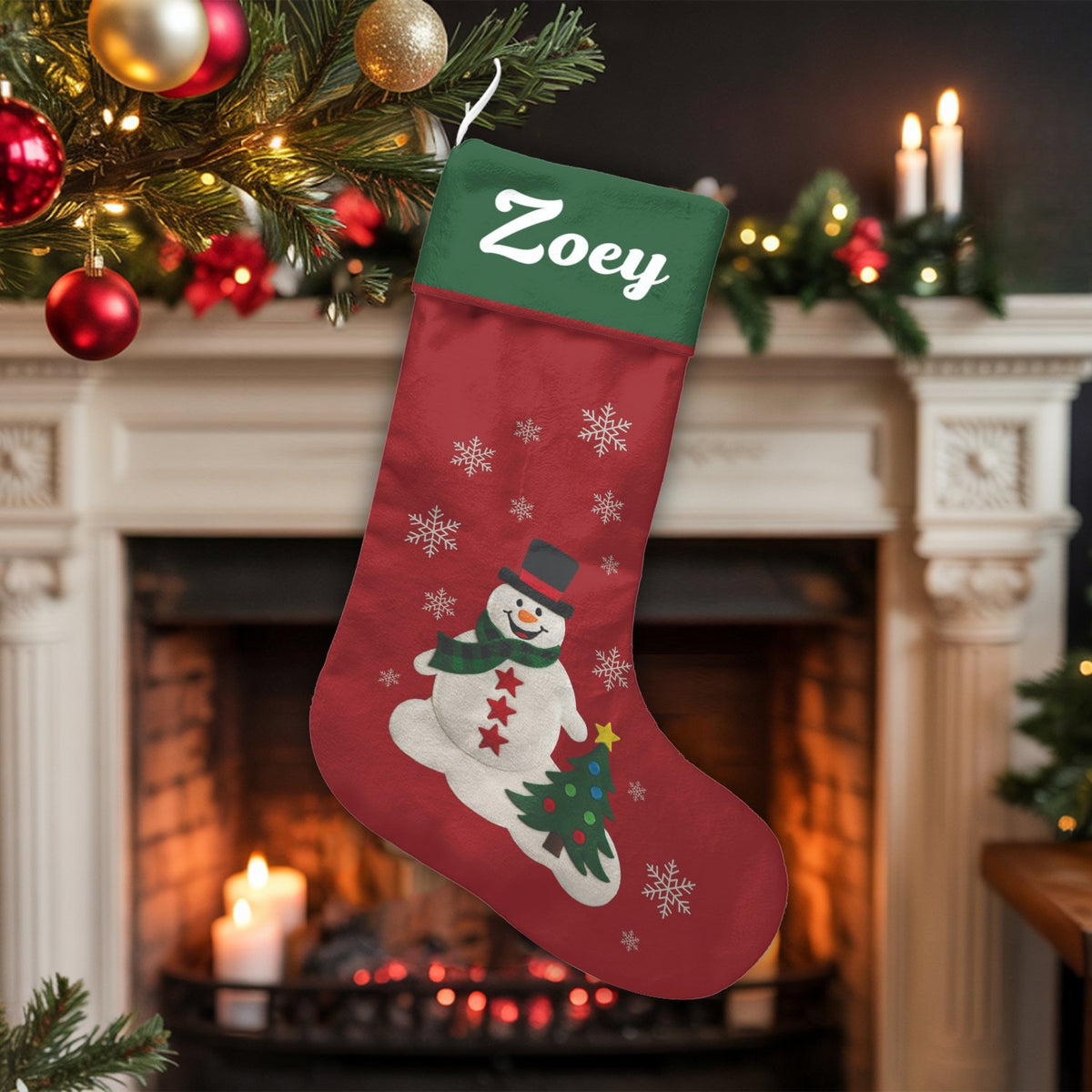 Winter Tree Holiday Stocking, Personalized Snowman Christmas Stocking, Custom Christmas Stocking, Festive Mantel Decor, Famil