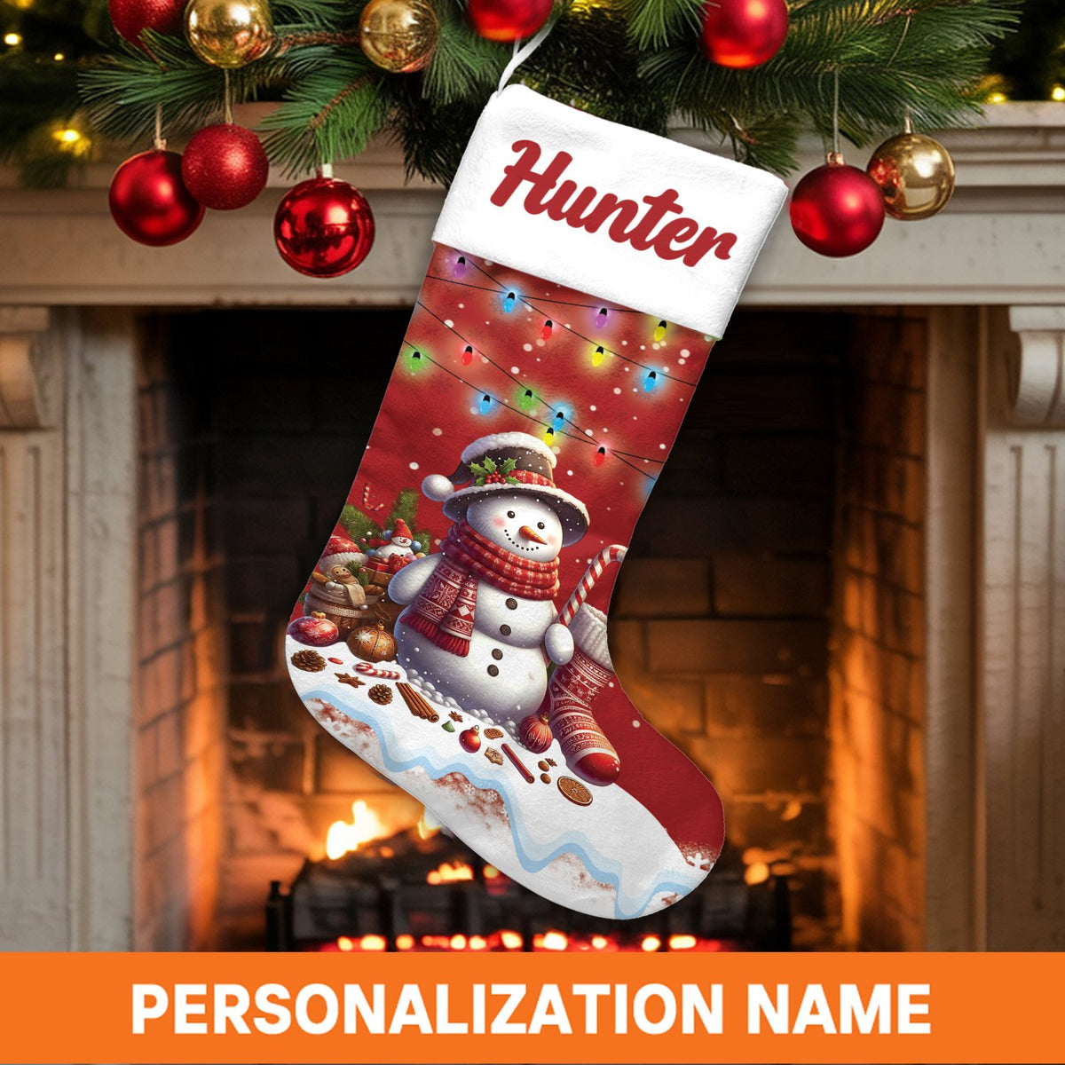 Custom Name Xmas Stocking, Personalized Snowman Christmas Stocking, Festive Holiday Lights Stocking, Winter Fireplace Decor, 