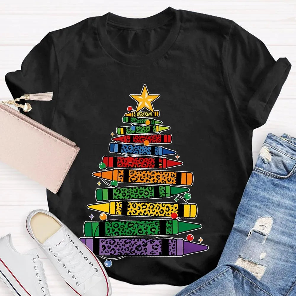 Art Teacher T-Shirt, Colored Pencils Leopard Christmas Tree Shirt, Holiday Graphic Tee, Festive Art Teacher Shirt, Christmas 