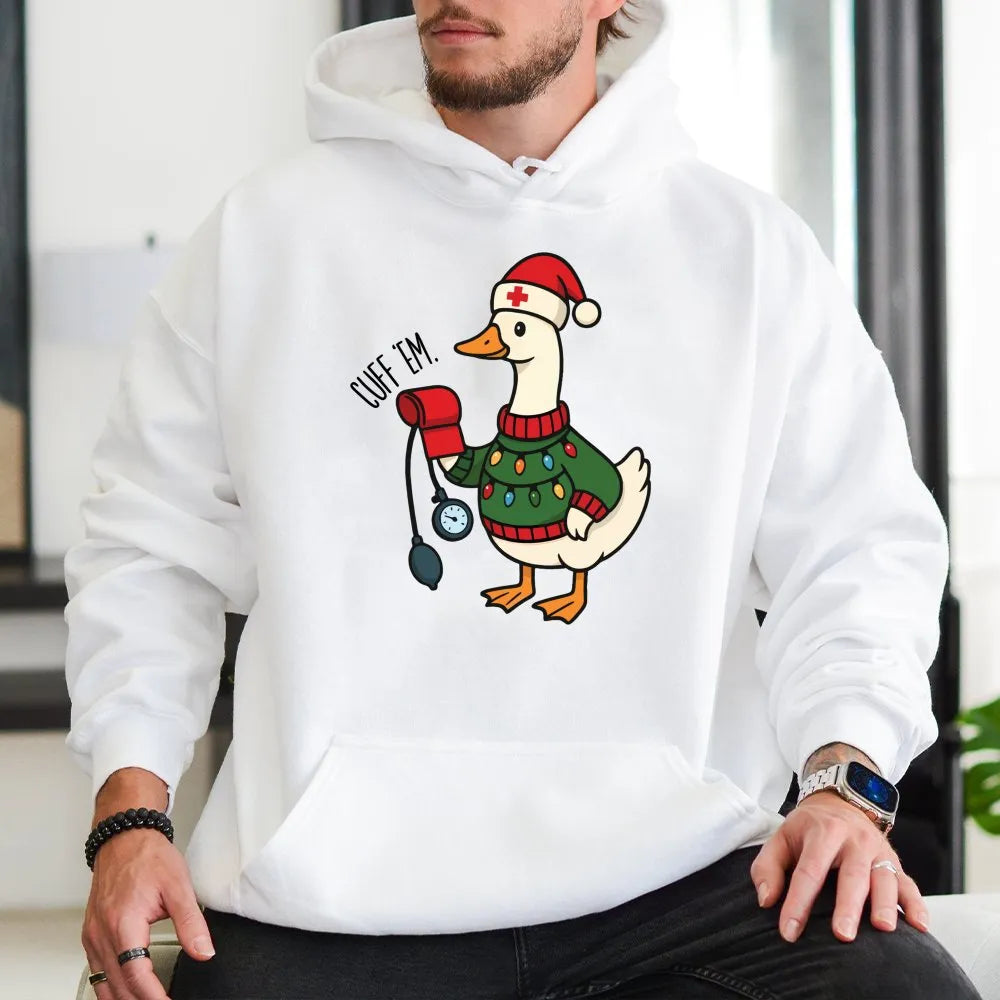 Humorous Goose Cuff Em Hoodie, Nurse Christmas Hoodie, Holiday Healthcare Worker Pullover, Adorable Nursing Student Xmas Pres