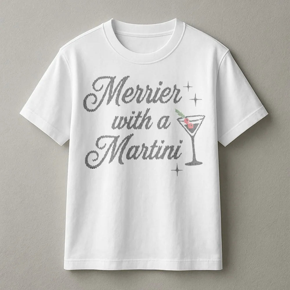 Retro Christmas Cocktail Graphic Tee, Merrier with a Martini Shirt, Humorous Holiday Drinking T-Shirt, Vintage Xmas Party Gra