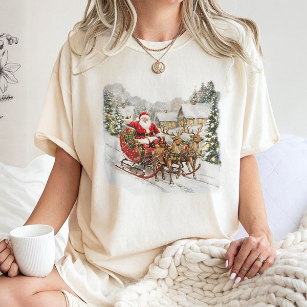 Christmas Reindeer Sleigh T-Shirt, Vintage Santa T-Shirt, Retro Xmas Holiday Graphic T-Shirt, Festive Winter Graphic Tee, Hol