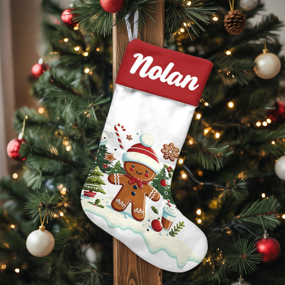 Custom Name Gingerbread Holiday Stocking, Personalized Gingerbread Christmas Stocking, Adorable Xmas Cookie Stocking, Kids Fa