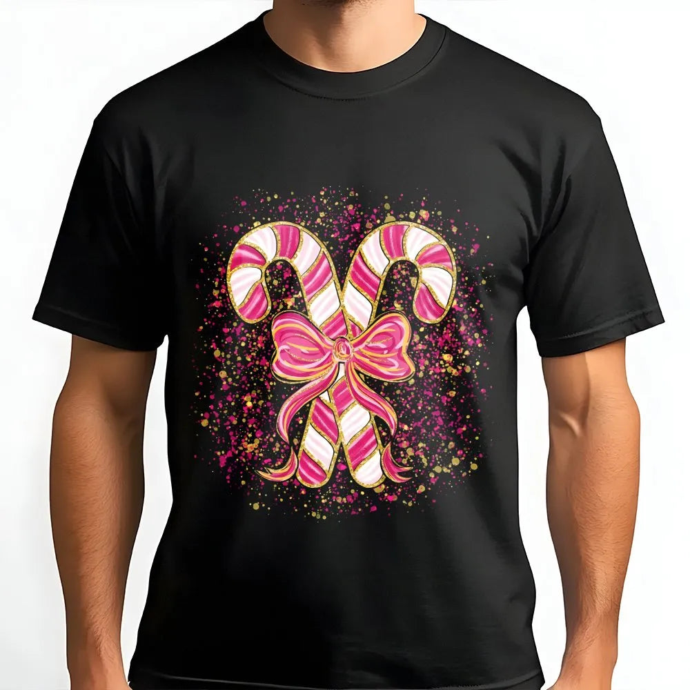 Coquette Bow Graphic Tee, Pink Candy Cane Christmas T-Shirt, Preppy Holiday Shirt, Adorable Aesthetic Xmas Graphic T-Shirt, P