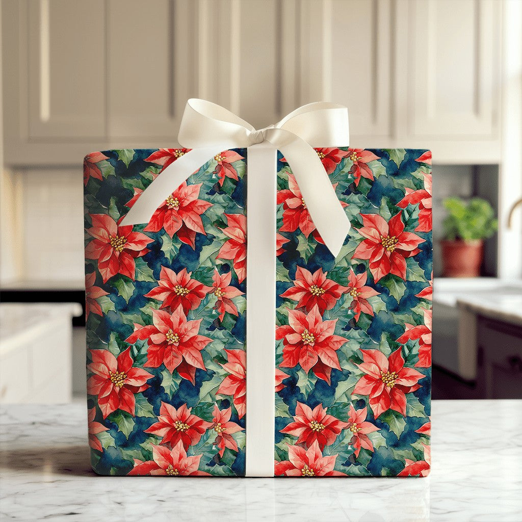 Dark Moody Floral Gift Wrap, Watercolor Poinsettia Wrapping Paper, Vintage Red Christmas Wrapping Paper, Botanical Holiday Gi