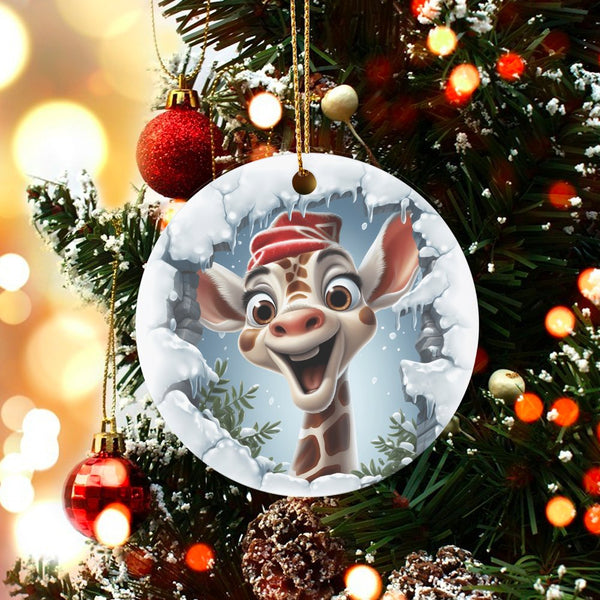 Whimsical Winter Animal Holiday Ornament, Adorable Giraffe Christmas Tree Ornament, Ceramic Safari Keepsake Ornament