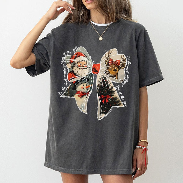 Vintage Santa Reindeer T-Shirt, Christmas Coquette Bow Shirt, Adorable Holiday Graphic Tee, Retro Xmas Bow Shirt, Womens Holi