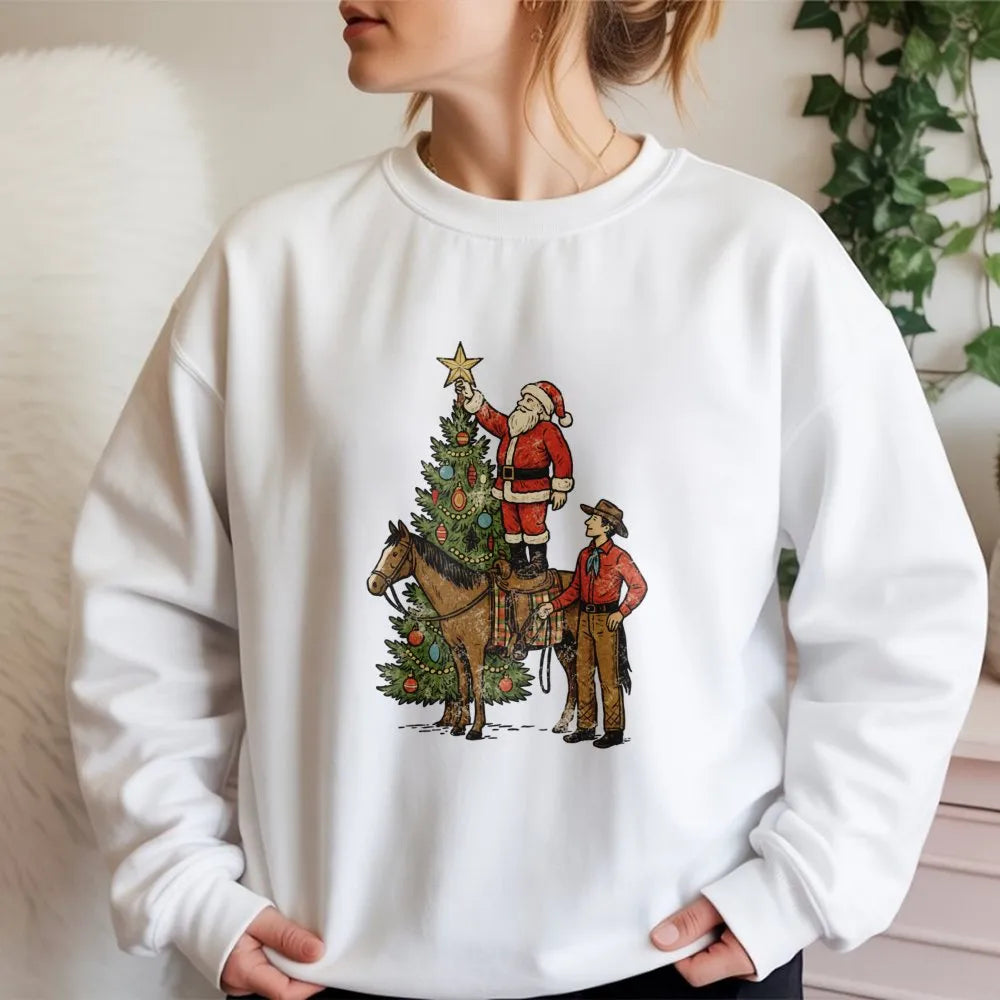 Christmas Horse Graphic Crewneck, Western Cowboy Santa Sweatshirt, Retro Country Holiday Sweater, Western Rodeo Pullover, Xma