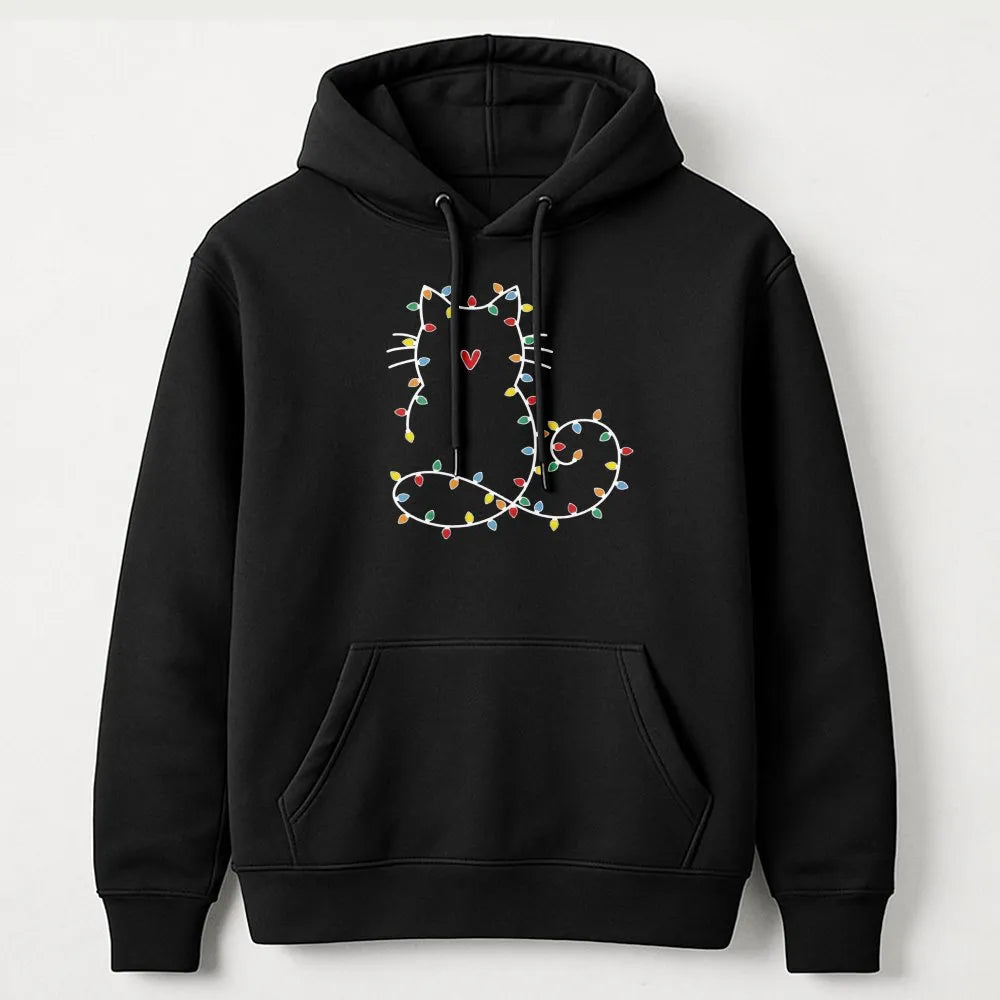Fairy Lights Kitty Sweatshirt, Cat Christmas Hoodie, Adorable Cat Holiday Hooded Pullover, Festive Kitten Christmas Hoodie, P