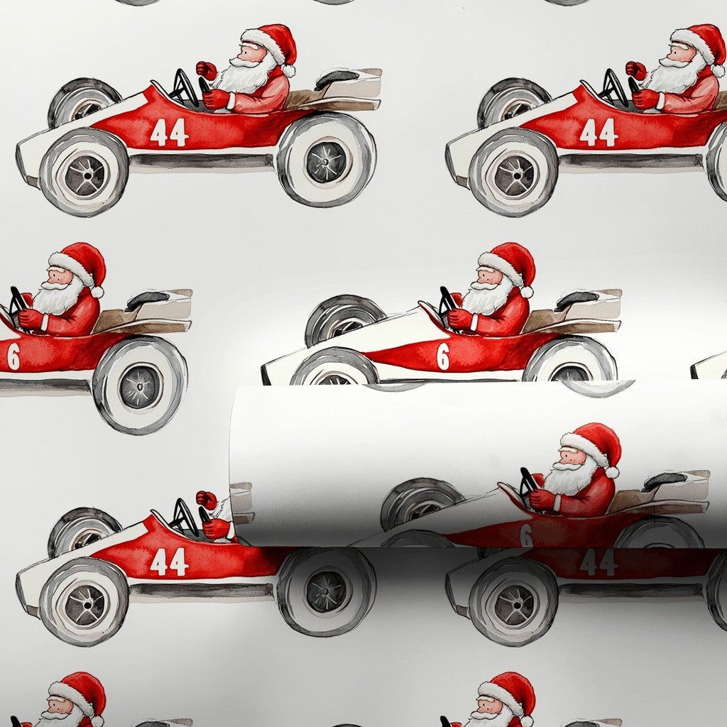 Number 6 and 44 Auto Racing Gift Wrap, Vintage Race Car Santa Wrapping Paper, Watercolor Motorsport Holiday Paper, Christmas 