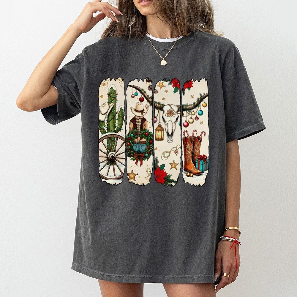 Western Boots Christmas Shirt, Cowgirl Christmas T-Shirt, Festive Country Graphic Tee, Retro Xmas Tee, Western Christmas Pres