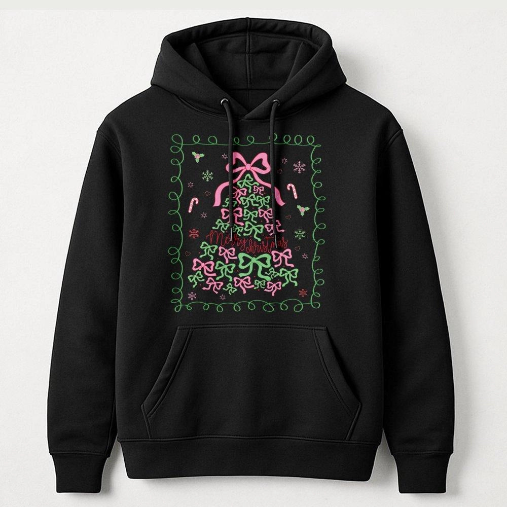 Pink Bow Aesthetic Winter Hoodie, Coquette Christmas Tree Hoodie, Merry Christmas Hooded Pullover, Adorable Holiday Girls Gra