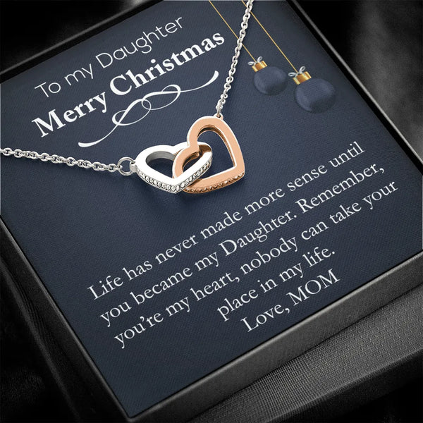 Surgical Steel CZ Double Heart Pendant Necklace, Interlocking Heart Necklace for Daughter, Christmas Present Necklace for Dau
