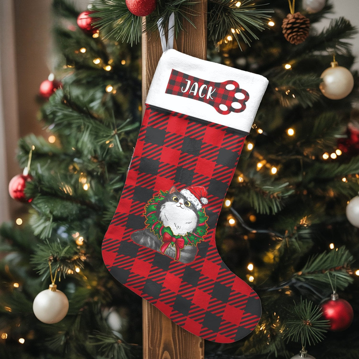 Buffalo Plaid Cat Stocking, Personalized Cat Christmas Stocking, Custom Pet Holiday Stocking, Festive Mantel Decor, Present f