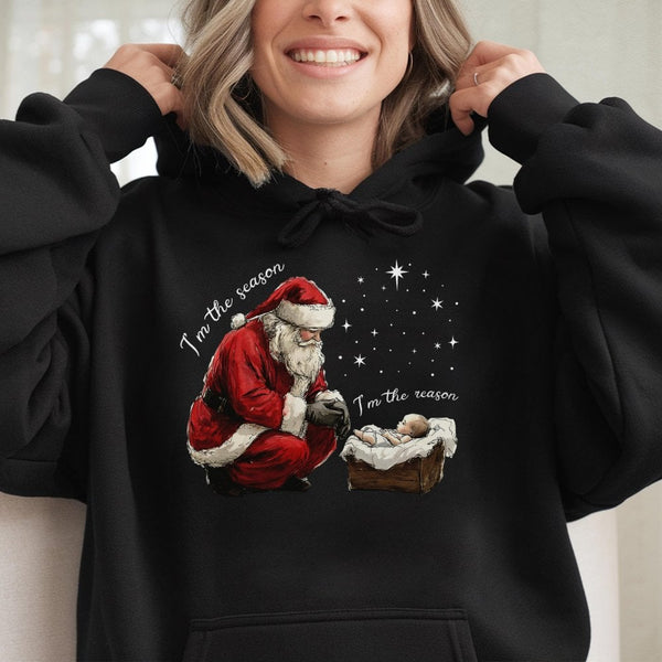 Religious Christmas Hooded Sweatshirt, Santa Kneeling Before Baby Jesus Hoodie, Christian Faith Pullover Hoodie, Meaningful H