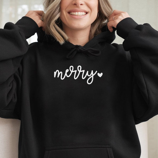 Minimalist Script Heart Sweatshirt, Merry Christmas Hoodie, Comfy Holiday Season Pullover, Adorable Festive Winter Hooded Swe