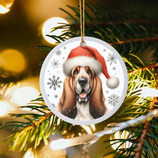 Santa Hat Hound Ceramic Ornament, Basset Hound Dog Christmas Ornament, Holiday Tree Keepsake Ornament, Present for Basset Hou