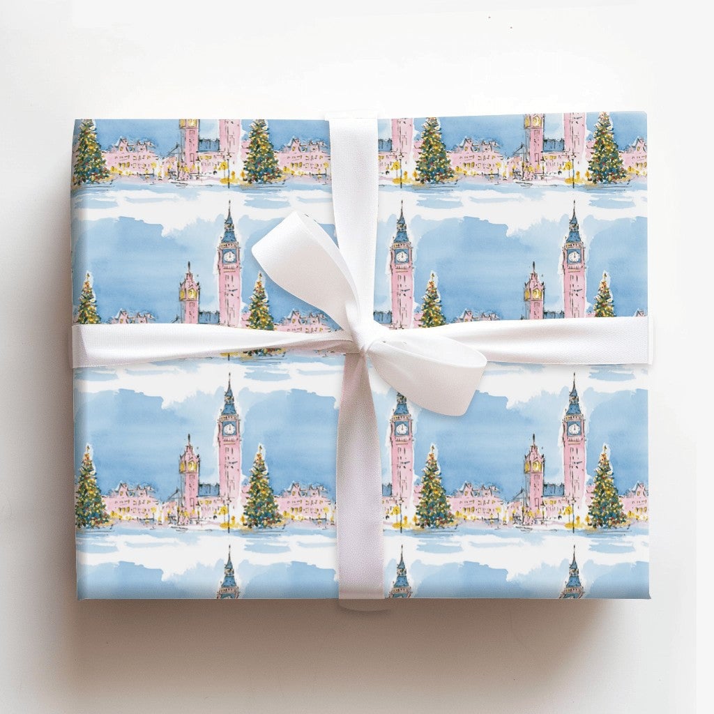 Watercolor Winter Cityscape Gift Wrap, London Big Ben Christmas Wrapping Paper, Festive London Holiday Wrapping Paper, Travel