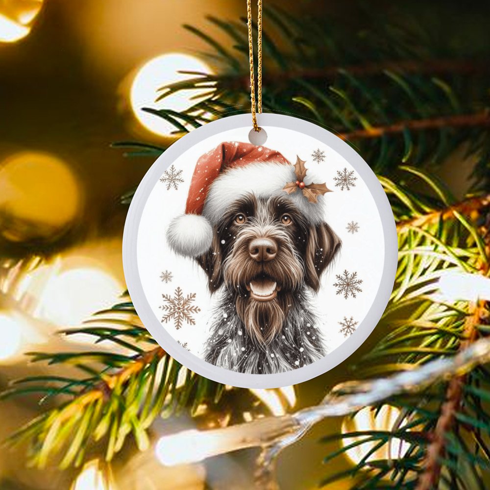 Santa Hat Dog Ceramic Ornament, German Wirehaired Pointer Christmas Ornament, Hunting Dog Holiday Tree Ornament, Pet Lover Xm
