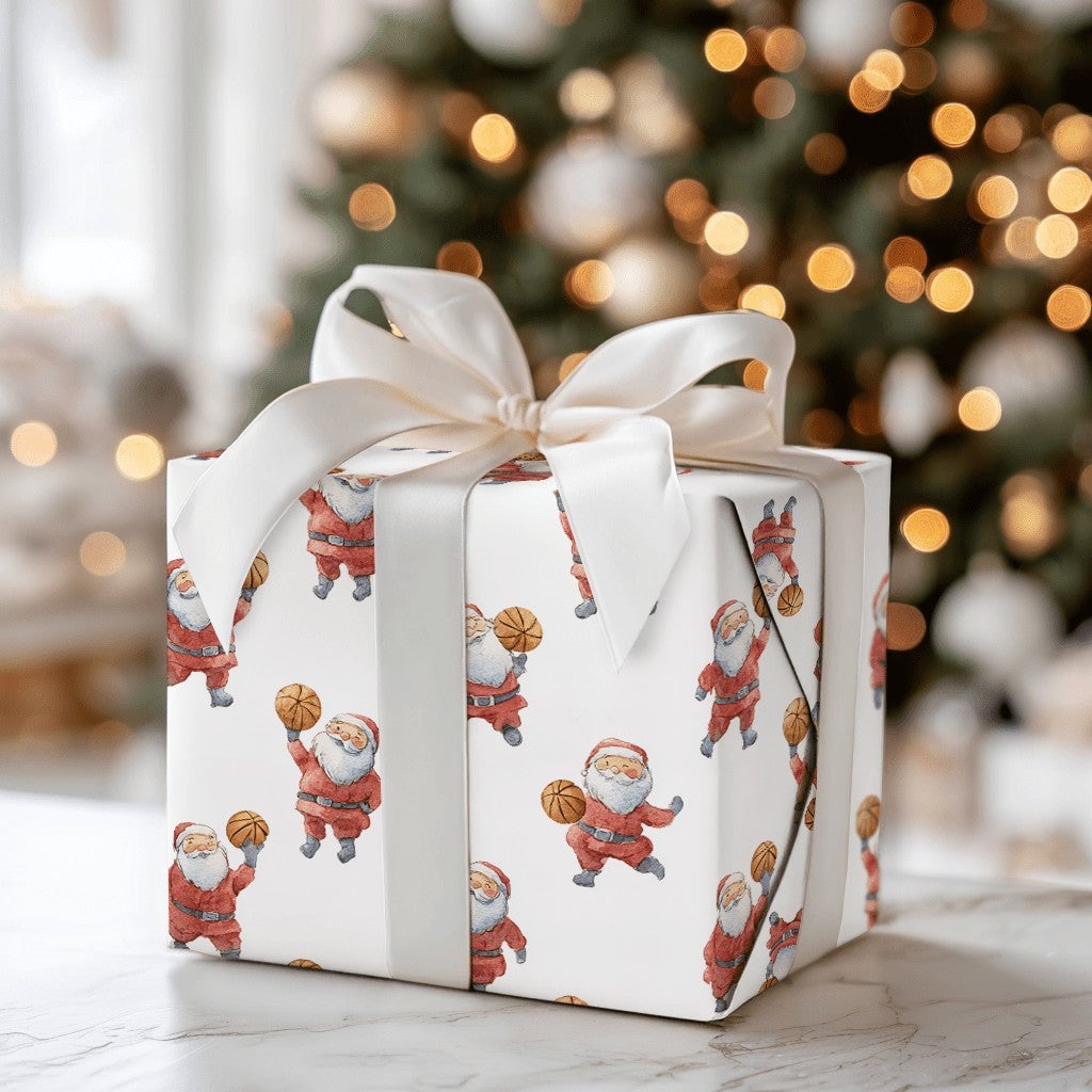 Sports Santa Claus Gift Wrap, Basketball Santa Wrapping Paper, Holiday Basketball Wrapping Paper, Retro Christmas Present Wra