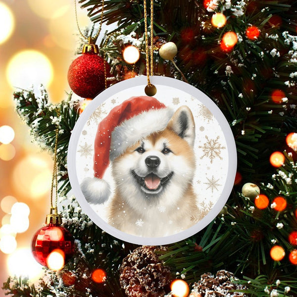 Dog in Santa Hat Ceramic Ornament, Akita Christmas Ornament, Holiday Canine Tree Keepsake, Akita Puppy Lover Xmas Decoration 