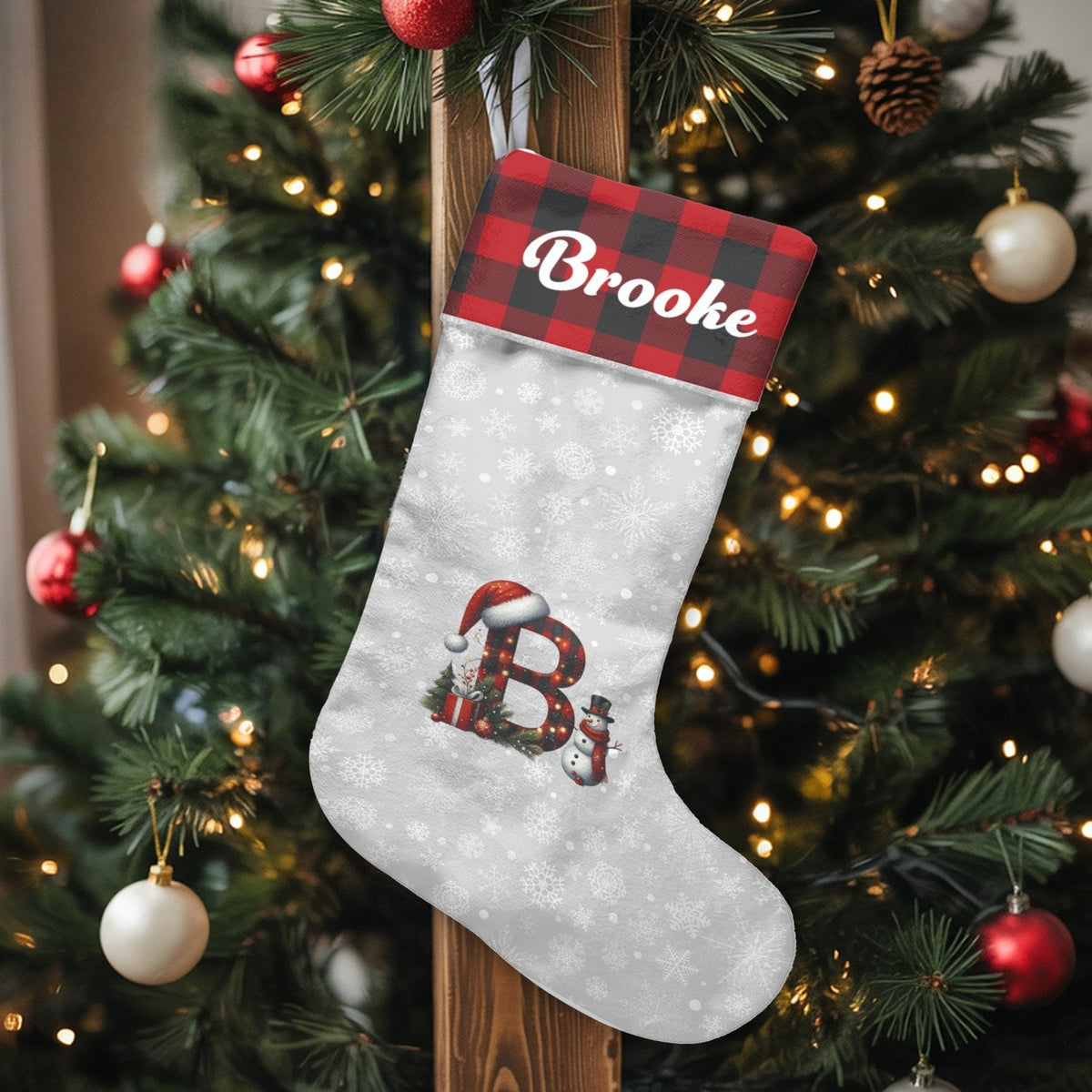 Custom Name Plaid Stocking, Personalized Red Buffalo Plaid Initial Christmas Stocking, Velboa Xmas Stocking, Holiday Decor Pr