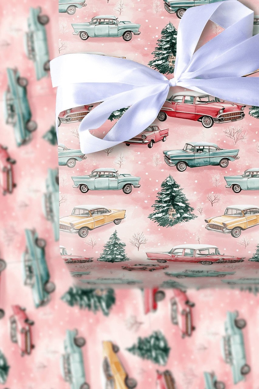 Retro Winter Tree Holiday Wrapping Paper, Vintage Pink Christmas Car Wrapping Paper, Pastel Xmas Gift Wrap Roll, Snowy Season