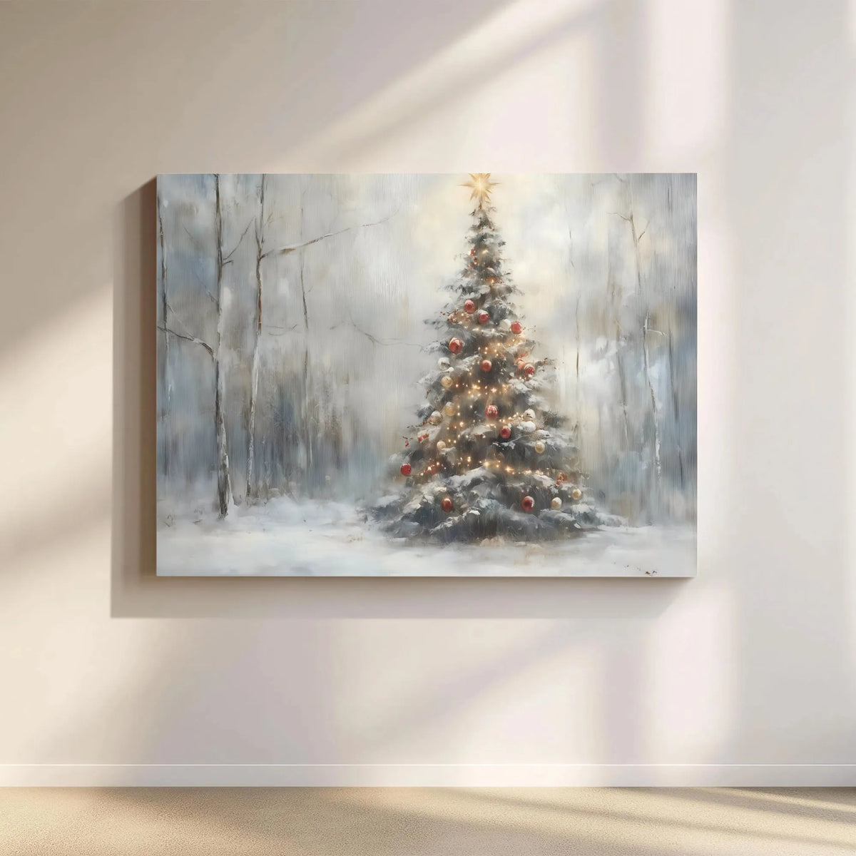Winter Pine Forest Landscape Print, Snowy Christmas Tree Canvas Wall Art, Holiday Farmhouse Decor, Digital Download Christmas